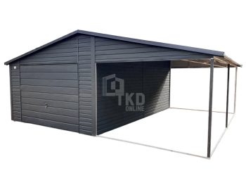 Plechová garáž 4×6 – prístrešok 3,5×6 – výklopná brána – antracit – strecha dvojspádová (sedlová) škridľoplech TKD207