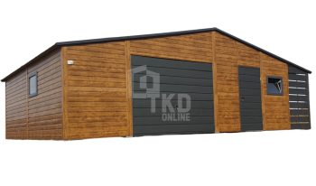 Plechová garáž 9×6 m + prístrešok 1×6 – výklopná brána – 2x dvere – 2x okno – svetlý orech + antracit – strecha dvojspádová (sedlová) TKD208