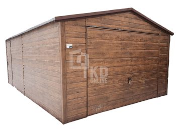 Plechová garáž 4x5 – výklopná brána – dvere – orech tmavý – imitácia dreva – strecha dvojspádová (sedlová) TKD87