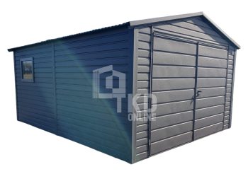 Plechová garáž 4×5 – dvojkrídlové dvere – okno – antracit – strecha dvojspádová (sedlová) TKD210