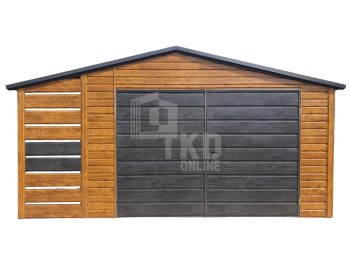 Plechová garáž 4×5 m + prístrešok 1×5 – dvojkrídlová brána – okno – rýna okapová – svetlý orech + nórska borovica – imitácia dreva – strecha dvojspádová (sedlová) TKD211