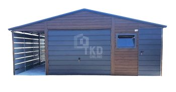Plechová garáž 5×6 m + prístrešok 1,5×6 m – Výklopná brána – okno – Dvere – rýna okapová – Orech tmavý – Imitácia dreva – Strecha dvojspádová (sedlová) TKD212