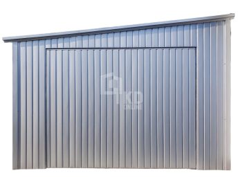 Plechová garáž 4,5×9 m – výklopná brána – dvere – strieborná – strecha spád nabok TKD214