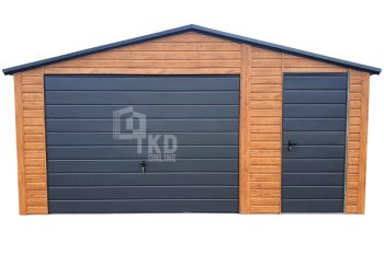 Plechová garáž 5,5m x 6m – výklopná brána – dvere – orech svetlý – imitácia dreva – antracit – rýna okapová – strecha dvojspádová TKD215