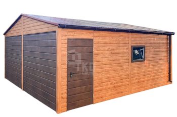 Plechová garáž 6m x 6m – 2x výklopná brána – 2x okno – dvere – orech svetlý + orech tmavý – imitácia dreva – rýna okapová – strecha dvojspádová TKD217