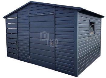 Záhradný domček 2,5x2,5 m + Prístrešok 0,9x2,5 m – plastové okno výklopné – dvere – antracit BTX 7016 – strecha dvojspádová (sedlová) TKD220