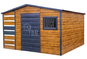 Záhradný domček 2,5×2,5m + prístrešok 1m – Dvere – Okno – Orech svetlý – Imitácia dreva – Antracit – Strecha spád dozadu TKD221