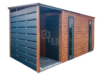 Záhradný domček 2,5×2 m + prístrešok 1 m – 2x okno – dvere – orech svetlý – imitácia dreva – antracit – strecha spád dopredu TKD222