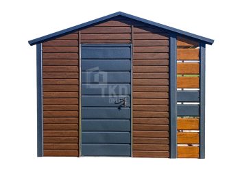 Záhradný domček 2×2,5m + prístrešok – dvere – orech tmavý – orech svetlý – imitácia dreva – strecha dvojspádová (sedlová)  TKD223