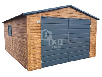 Plechová garáž 4×5 – sekčná brána – okno – orech svetlý – imitácia dreva – strecha dvojspádová (sedlová) TKD88
