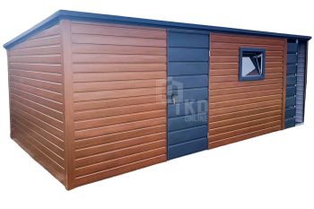 Záhradný domček 4,5x3m + Prístrešok 1x3m – Dvere – Okno – Zlatý dub – Imitácia dreva – Strecha spád dozadu TKD229