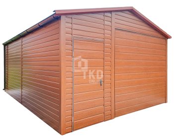 Plechová garáž 4,5x6m – výklopná brána – dvere – okno – škridľoplech – rýna okapová – zlatý dub – imitácia dreva – strecha dvojspádová TKD237