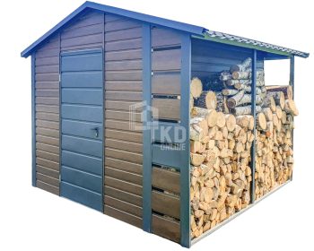 Záhradný domček 2,5x3m + prístrešok 0,5m – orech tmavý – antracit – imitácia dreva – strecha dvojspádová (sedlová) TKD240