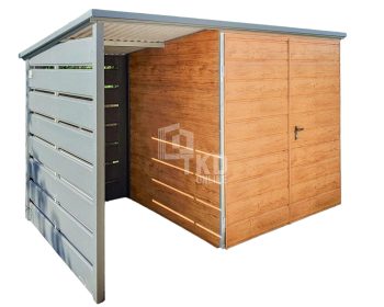 Záhradný domček 2x2m + prístrešok 1,2m – Dvojkrídlové dvere – Orech svetlý – Imitácia dreva – Antracit – Strecha spád dozadu TKD242