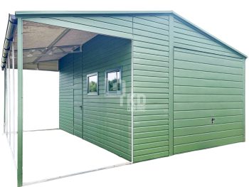 Plechová garáž 4x6m + prístrešok 2m – výklopná brána – dvere – 2x okno – zelená – rýny – strecha dvojspádová TKD256
