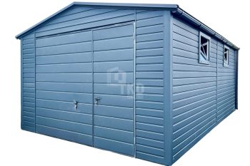 Plechová garáž 4×6 m – výklopná brána – dvere – 2x okno – antracit – strecha dvojspádová (sedlová) TKD258