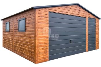 Plechová garáž 5x5m výklopná brána – dvere – 2x okno – svetlý orech – imitácia dreva – antracit – strecha dvojspádová TKD259