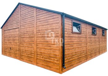 Plechová garáž 7x7m – výklopná brána – dvere – 6x okno – svetlý orech – imitácia dreva – rýny – strecha dvojspádová TKD262