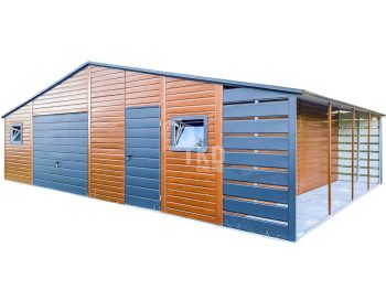 Plechová garáž 8,5×6 m + prístrešok 1,5x6m výklopná brána – dvere – 3x Okno – svetlý orech – imitácia dreva – antracit – strecha dvojspádová (sedlová) TKD263