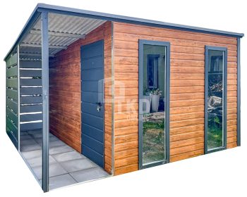 Záhradný domček 2×3 m + prístrešok 1 m – dvere – 2x okno – orech svetlý – antracit – strecha spád dozadu  TKD266