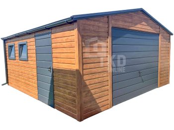 Plechová garáž 5×5 m – výklopná brána – dvere – 2x okno – orech svetlý – imitácia dreva – antracit – rýna okapová – strecha dvojspádová (sedlová) TKD269