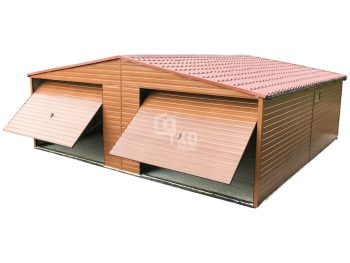 Plechová garáž 7,5×6 m – 2x výklopná brána – zlatý dub – škridľoplech – rýna okapová – strecha dvojspádová (sedlová) TKD270