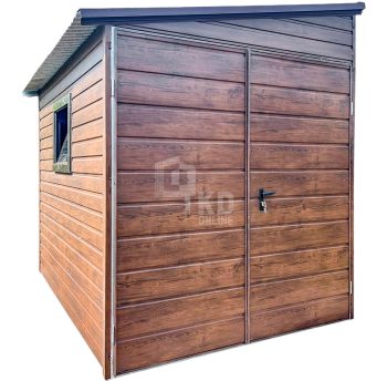Záhradný domček 3x2m – dvojkrídlové dvere – okno – orech tmavý – imitácia dreva – strecha spád nabok TKD274