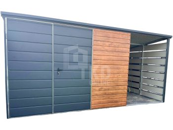 Záhradný domček 3x3m + prístrešok 1,5m – Dvojkrídlové dvere – Orech svetlý – Imitácia dreva – Strecha spád dozadu TKD275