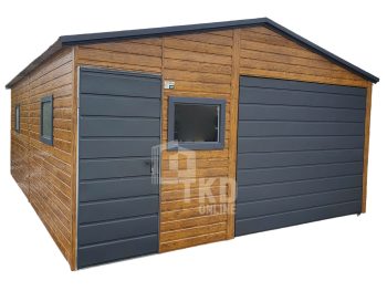 Plechová garáž 5x6 – výklopná brána – 3x plastové okno výklopné – dvere – orech svetlý – imitácia dreva – strecha dvojspádová (sedlová) TKD92