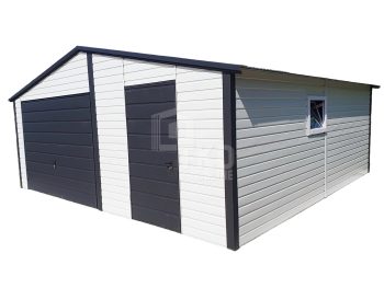 Plechová garáž 6,5x5 – výklopná brána – dvere – plastové okno výklopné – antracit + biela – strecha dvojspádová (sedlová) TKD94