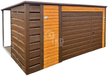 Záhradný domček – garáž 4x3 m + prístrešok 0,5 m – výklopná brána – dvere – orech svetlý – orech tmavý – imitácia dreva – strecha spád dozadu TKD309
