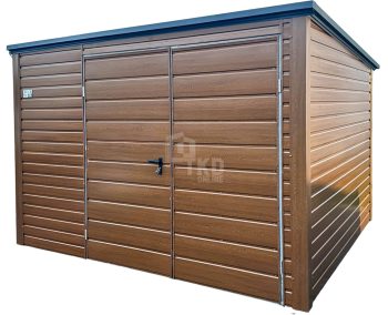 Záhradný domček 3×2,5 m – dvojkrídlové dvere – orech tmavý – imitácia dreva – strecha spád dozadu TKD314