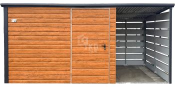 Záhradný domček 3×2 m + prístrešok 1,5 m – dvere – orech svetlý – imitácia dreva – antracit – strecha spád dozadu TKD315