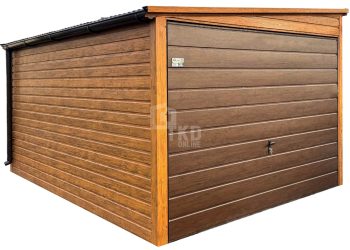 Plechová garáž 3×4,5 m – výklopná brána – orech svetlý – orech tmavý – imitácia dreva – rýna okapová – strecha spád nabok TKD324