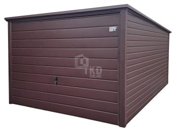 Plechová garáž 3×5 m – výklopná brána – tmavá hnedá – strecha spád dozadu TKD325
