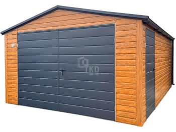Plechová garáž 4,5x6m – Dvojkrídlové dvere – Dvere – Orech svetlý – Imitácia dreva – Antracit – Rýna okapová – Strecha dvojspádová (sedlová) TKD326