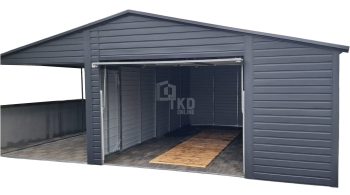 Plechová garáž 5x6m + prístrešok 4m – výklopná brána – antracit – strecha dvojspádová (sedlová) TKD327