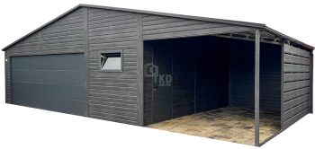 Plechová garáž PREMIUM 8x6m + prístrešok 3×6 – sekčná brána – dvere – okno – nórska borovica – antracit – imitácia dreva – rýna okapová – Strecha dvojspádová (sedlová) TKD328