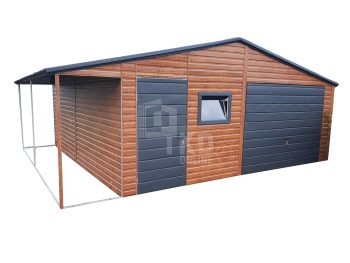 Plechová garáž 6x5 + prístrešok – výklopná brána – dvere – plastové okno výklopné – orech svetlý + antracit – imitácia dreva – strecha dvojspádová (sedlová) TKD96