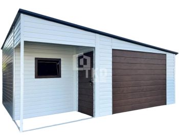 Plechová garáž 5x6 m – výklenok 2 m – výklopná brána – plastové okno výklopné – dvere – biela – orech tmavý – strecha spád nabok TKD354