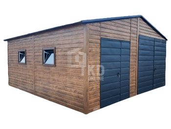 Plechová garáž 6x5,5 – 2x dvojkrídlové dvere – 2x plastové okno výklopné – antracit + orech tmavý – imitácia dreva – strecha dvojspádová (sedlová) TKD97