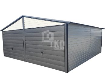 Plechová garáž 6×6 – 2x brána – antracit + biela – strecha dvojspádová (sedlová) TKD98