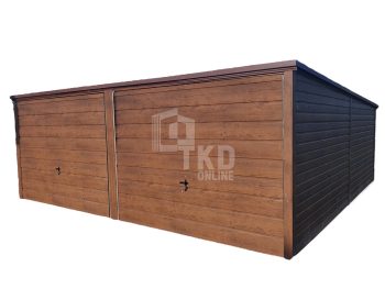 Plechová garáž 6x6 – 2x výklopná brána – orech svetlý – imitácia dreva – strecha spád dozadu TKD99