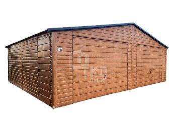 Plechová garáž 7,5x6 – 2x výklopná brána – plastové okno výklopné – orech svetlý – imitácia dreva – strecha dvojspádová (sedlová) TKD100