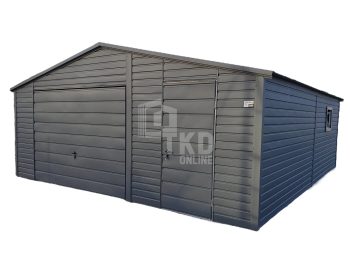 Plechová garáž 6x6 – výklopná brána – dvere – plastové okno výklopné – antracit – strecha dvojspádová (sedlová) TKD101