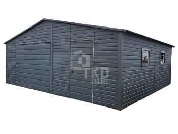 Plechová garáž 7x6 – výklopná brána – dvere – 2x plastové okno výklopné – antracit  – strecha dvojspádová (sedlová) TKD102