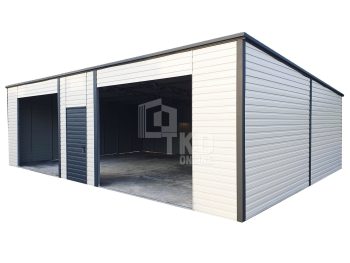 Plechová garáž 9,5x6 – 2x otvor na bránu – dvere – biela + antracit – strecha spád dozadu TKD103