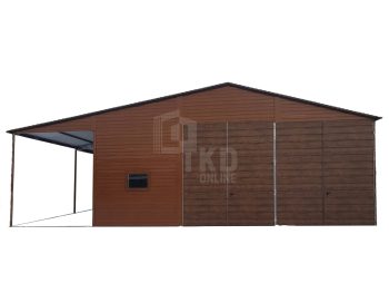 Plechová hala – garáž 6x8 + prístrešok – 2x dvojkrídlové dvere – plastové okno výklopné – dvere – rýna okapová – tmavá hnedá – strecha dvojspádová (sedlová) TKD105