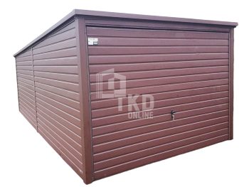 Plechová garáž 3x5 – výklopná brána – tmavá hnedá – strecha spád dozadu TKD108