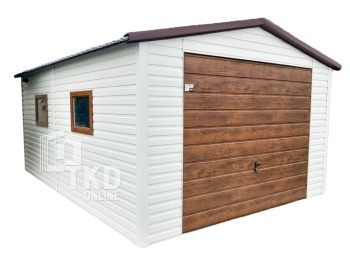 Plechová garáž 4x6 – výklopná brána – 2x plastové okno výklopné – biela + orech tmavý – strecha dvojspádová (sedlová) TKD113
